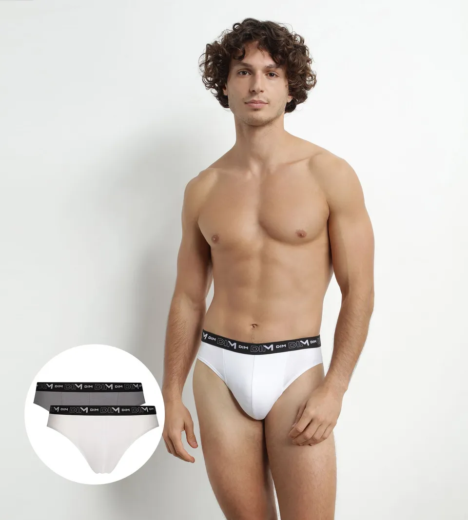 dim-coton-stretch-slip-homme-lot-de-2-blanc-gris-ceinture-contrast-e image 1