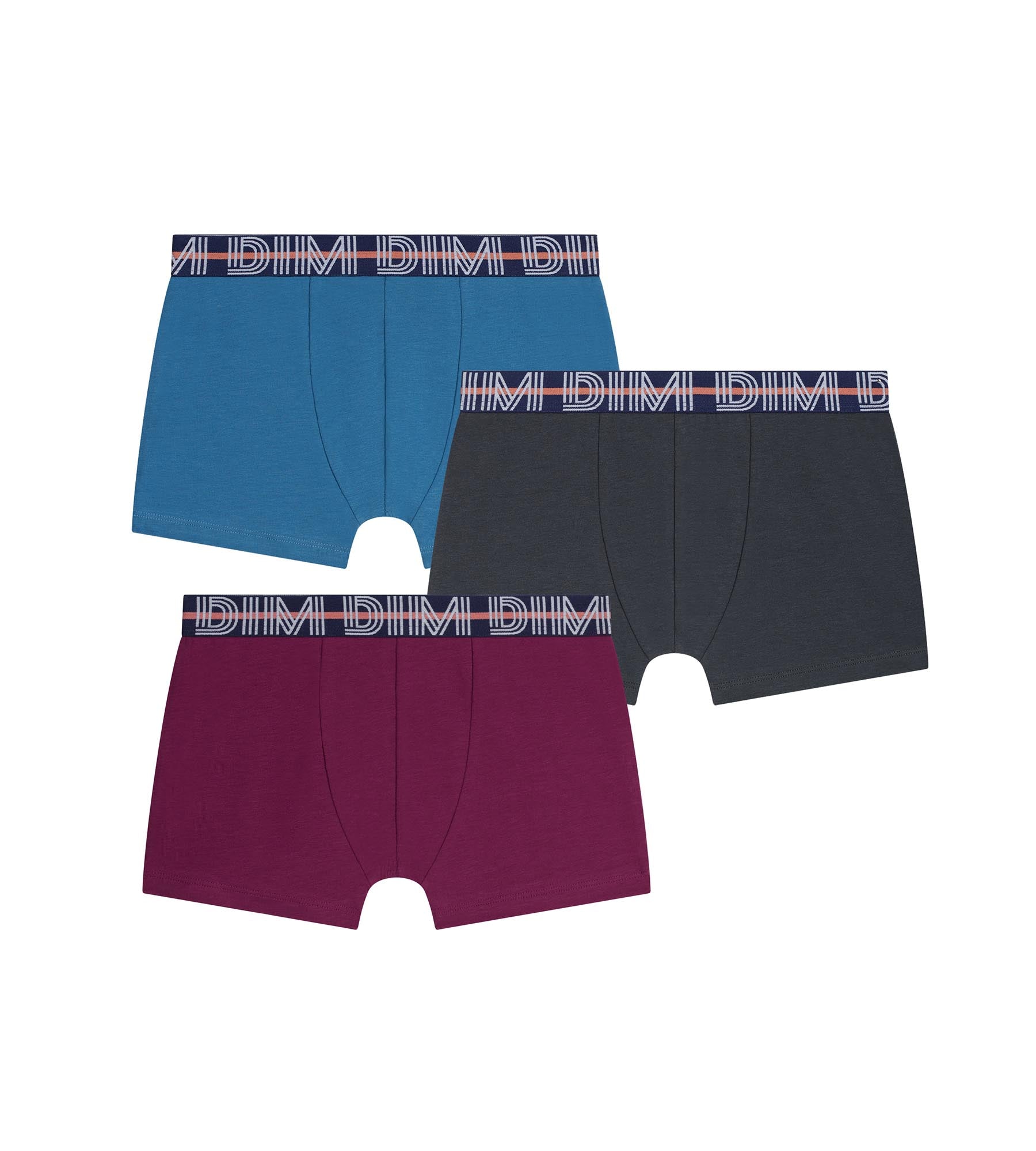 dim-lot-de-3-boxers-gar-on-coton-stretch-kids-bordeaux-bleu-eb-ne image 1