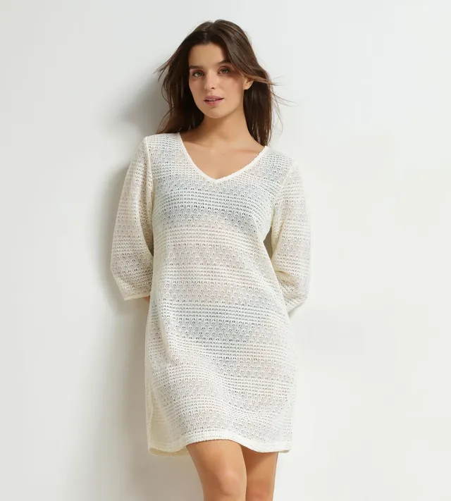 dim-robe-de-plage-femme-maille-ajour-e-cru image 1