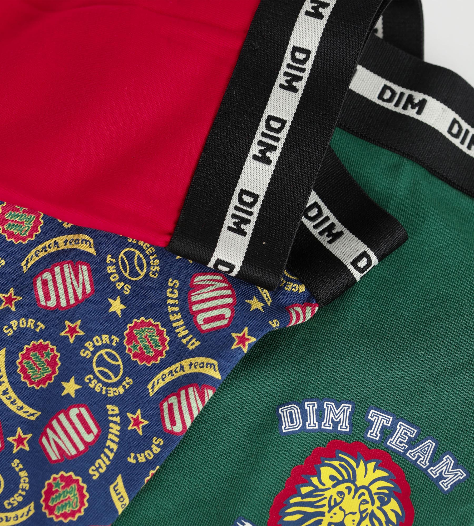 dim-lot-de-3-boxers-enfant-coton-stretch-rouge-vert-logos image 3