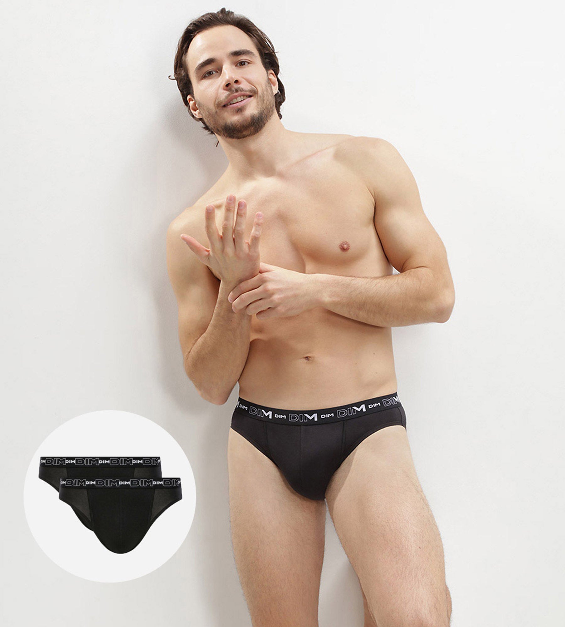 dim-coton-stretch-slip-homme-lot-de-2-noir-uni-ceinture-logot-e image 1