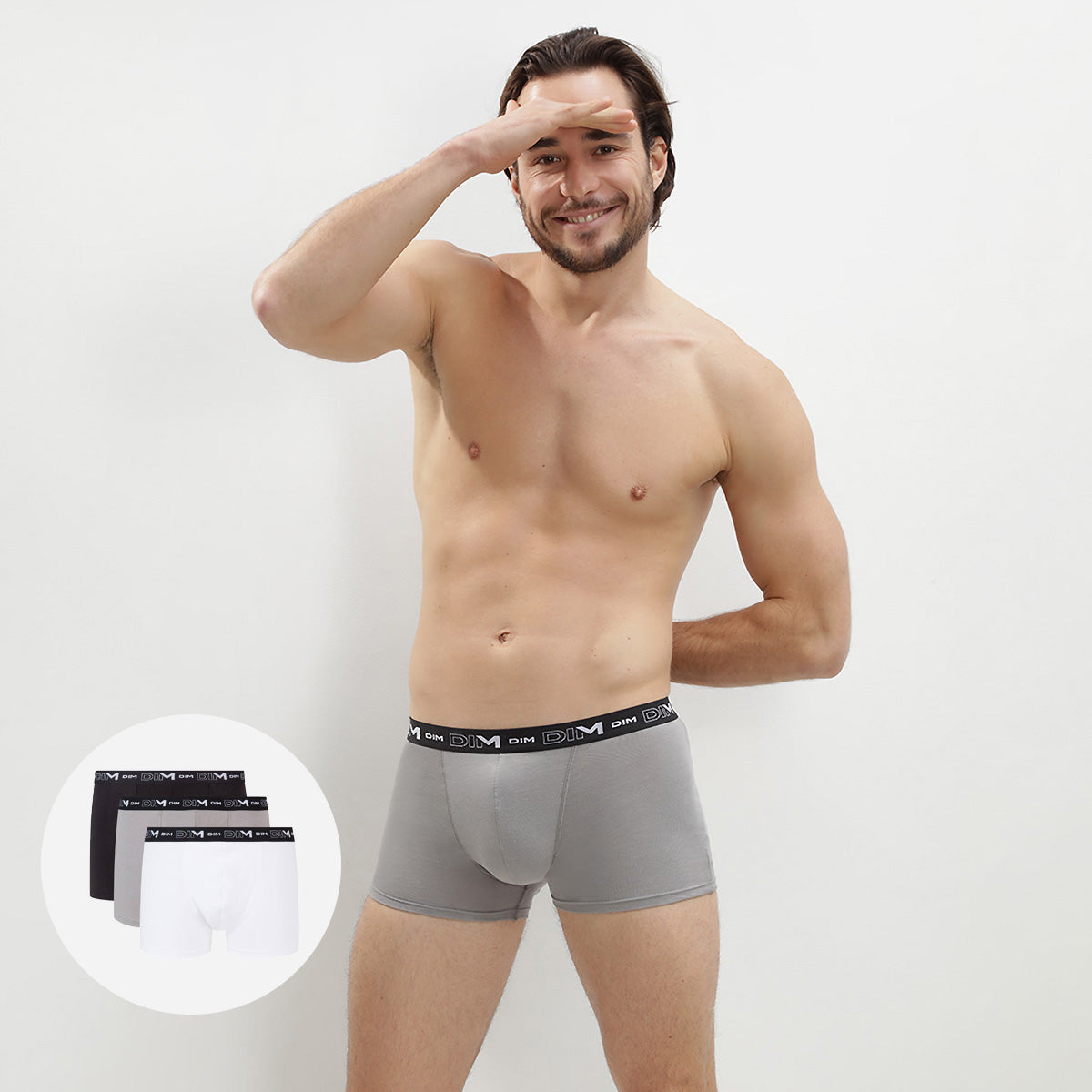 dim-lot-de-3-boxers-homme-coton-stretch-noir-gris-et-blanc image 1