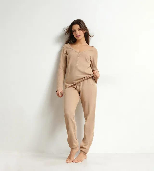 dim-cosy-time-ensemble-pyjama-femme-col-v-jersey-marron-taupe image 1