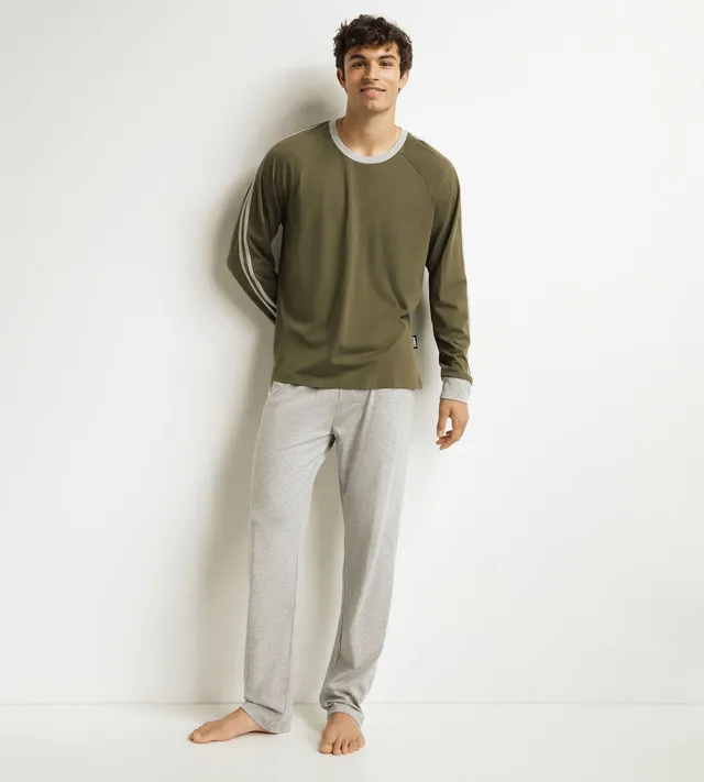 dim-jersey-ensemble-pyjama-pantalon-homme-militaire-kaki-gris image 1