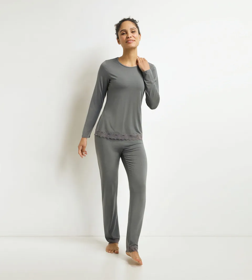 dim-don-t-disturb-pyjama-femme-pantalon-gris-coton-modal-dentelle image 1