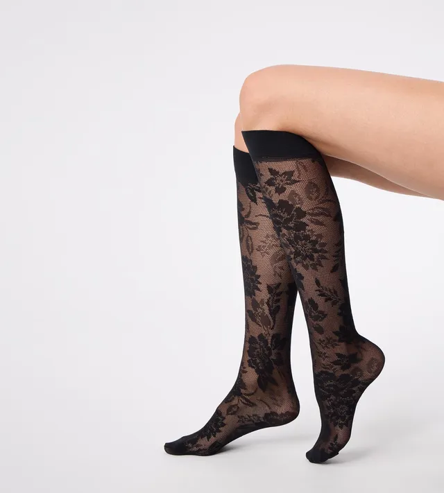 dim-la-dentelle-florale-mi-bas-fantaisie-noir-sous-genou image 1