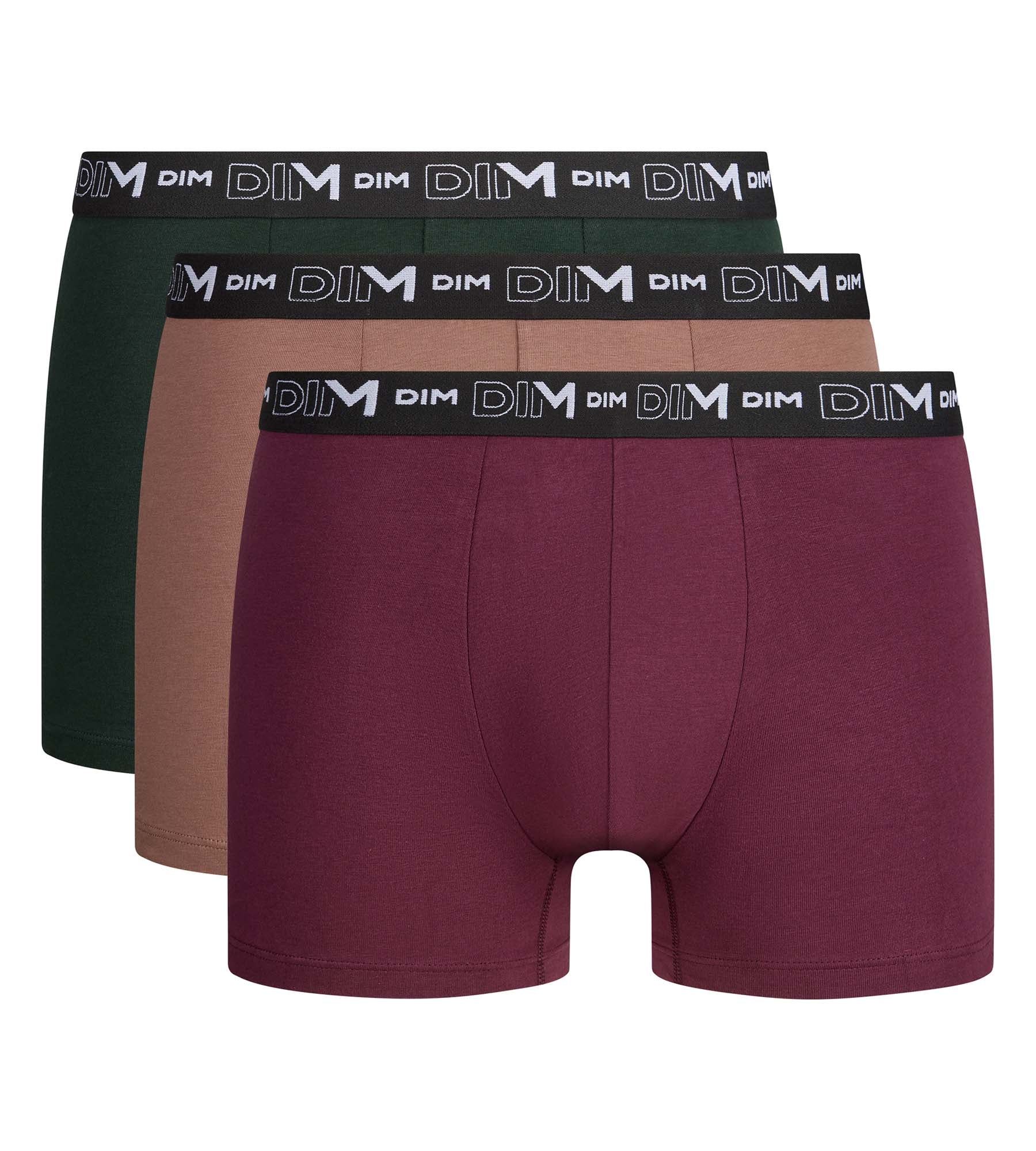 dim-coton-stretch-lot-de-3-boxers-homme-vert-fonc-caramel-figue image 3