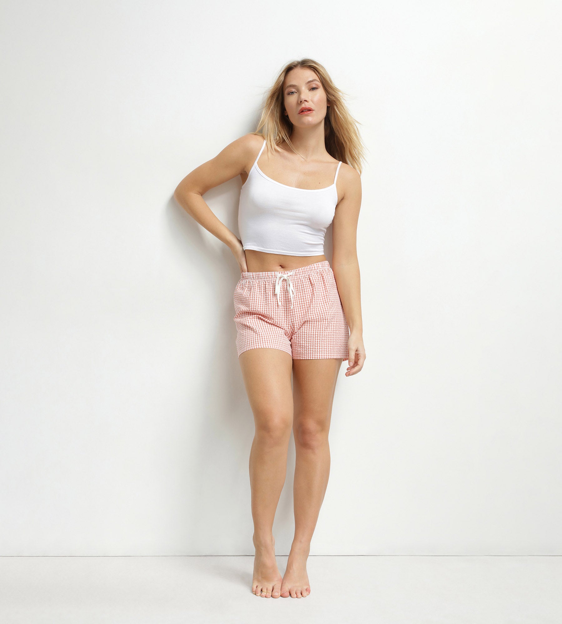 dim-nightwear-short-de-pyjama-femme-vichy-seersucker-abricot-cru image 1