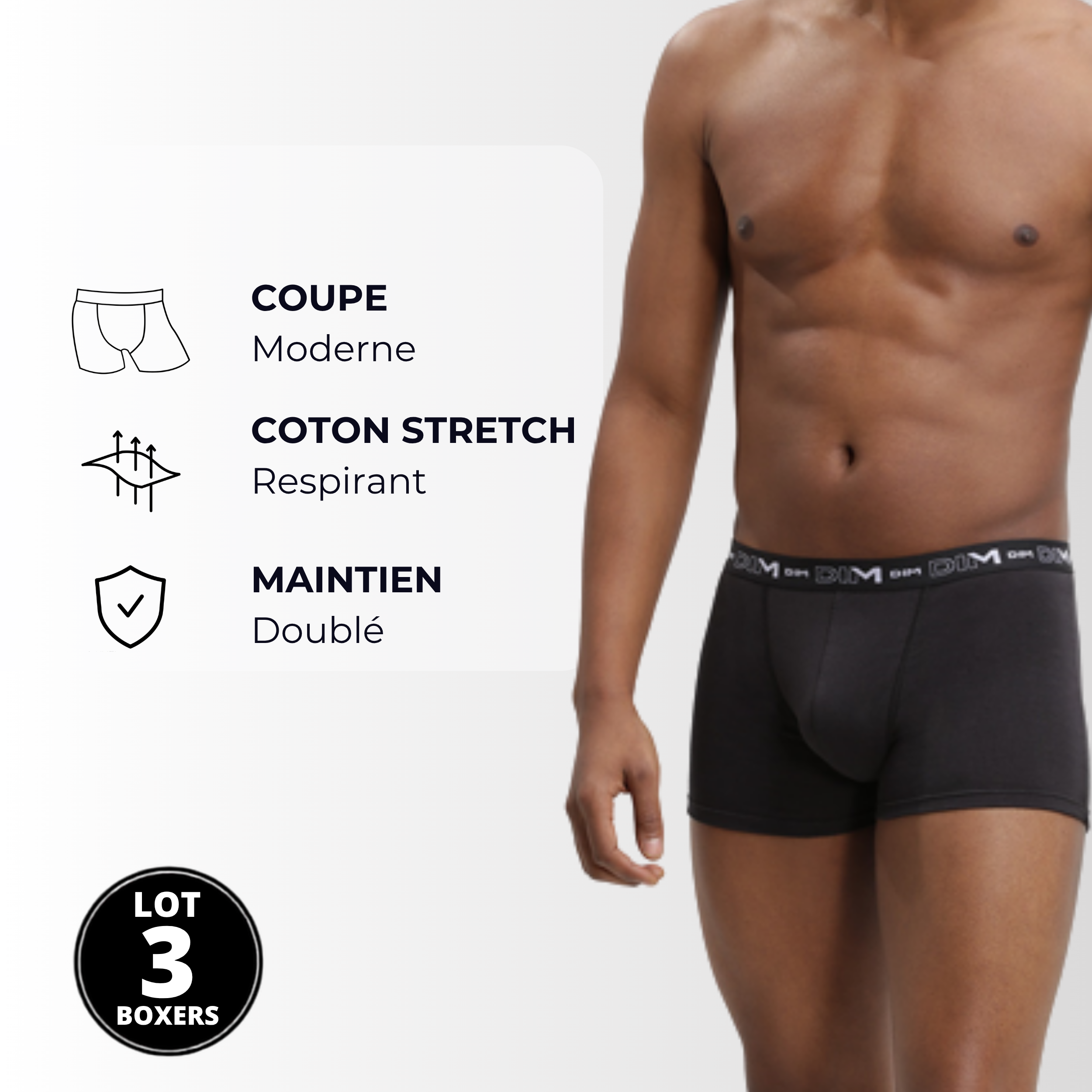 dim-coton-stretch-lot-de-3-boxers-homme-noir-uni image 4