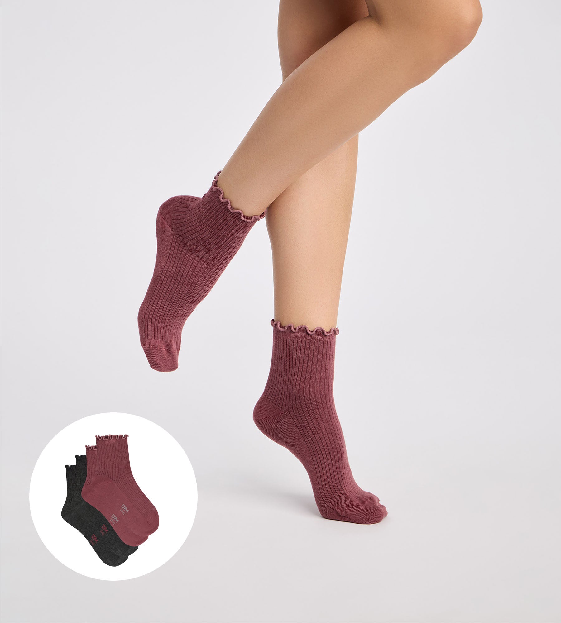 dim-lot-de-2-socquettes-femme-modal-gris-anthracite-bordeaux image 1