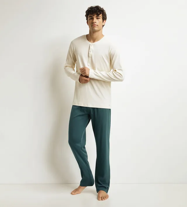 dim-warm-ensemble-pyjama-pantalon-homme-ivoire-vert image 1