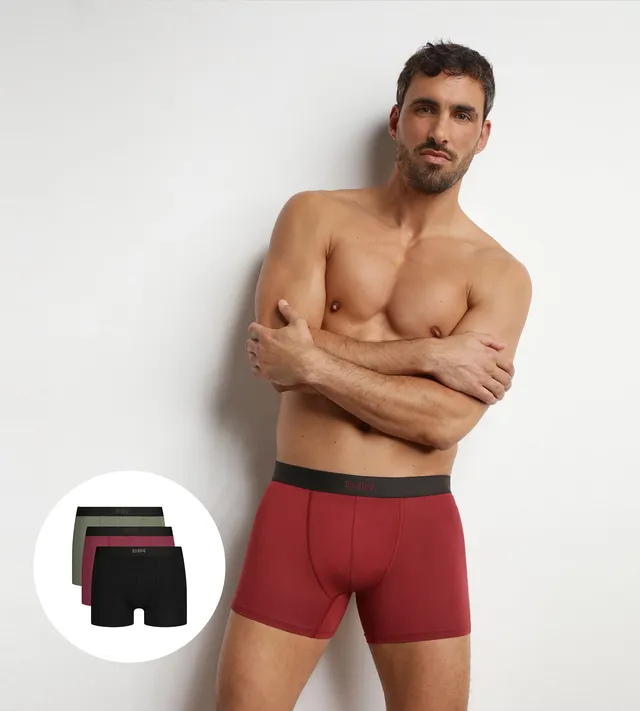 dim-lot-de-3-boxers-homme-noir-kaki-rouge-coton-ultra-doux image 1