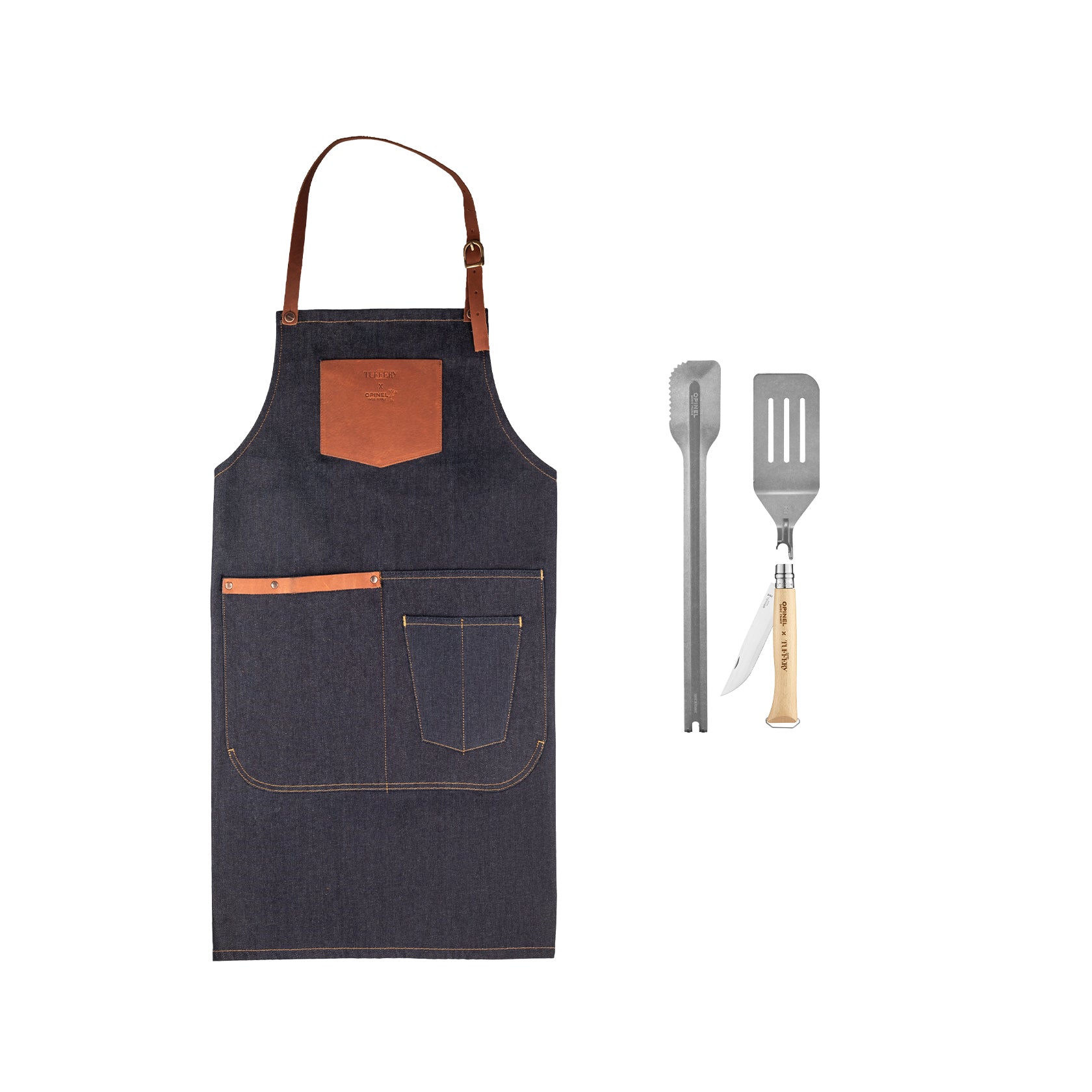 atelier-tuffery-x-opinel-set-barbecue-coffret-partage-tablier-denim-cuir image 1