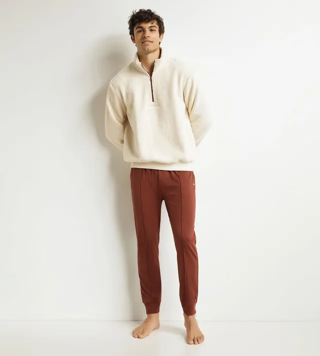 dim-ensemble-pyjama-pantalon-homme-ivoire-bordeaux-effet-laine image 1