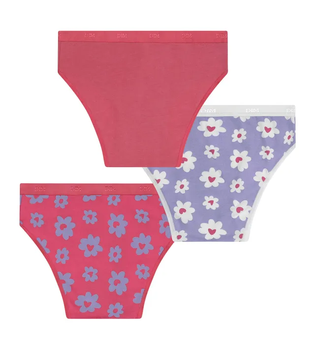dim-lot-de-3-culottes-fille-coton-stretch-les-pockets-violet-rose-fleurs image 1