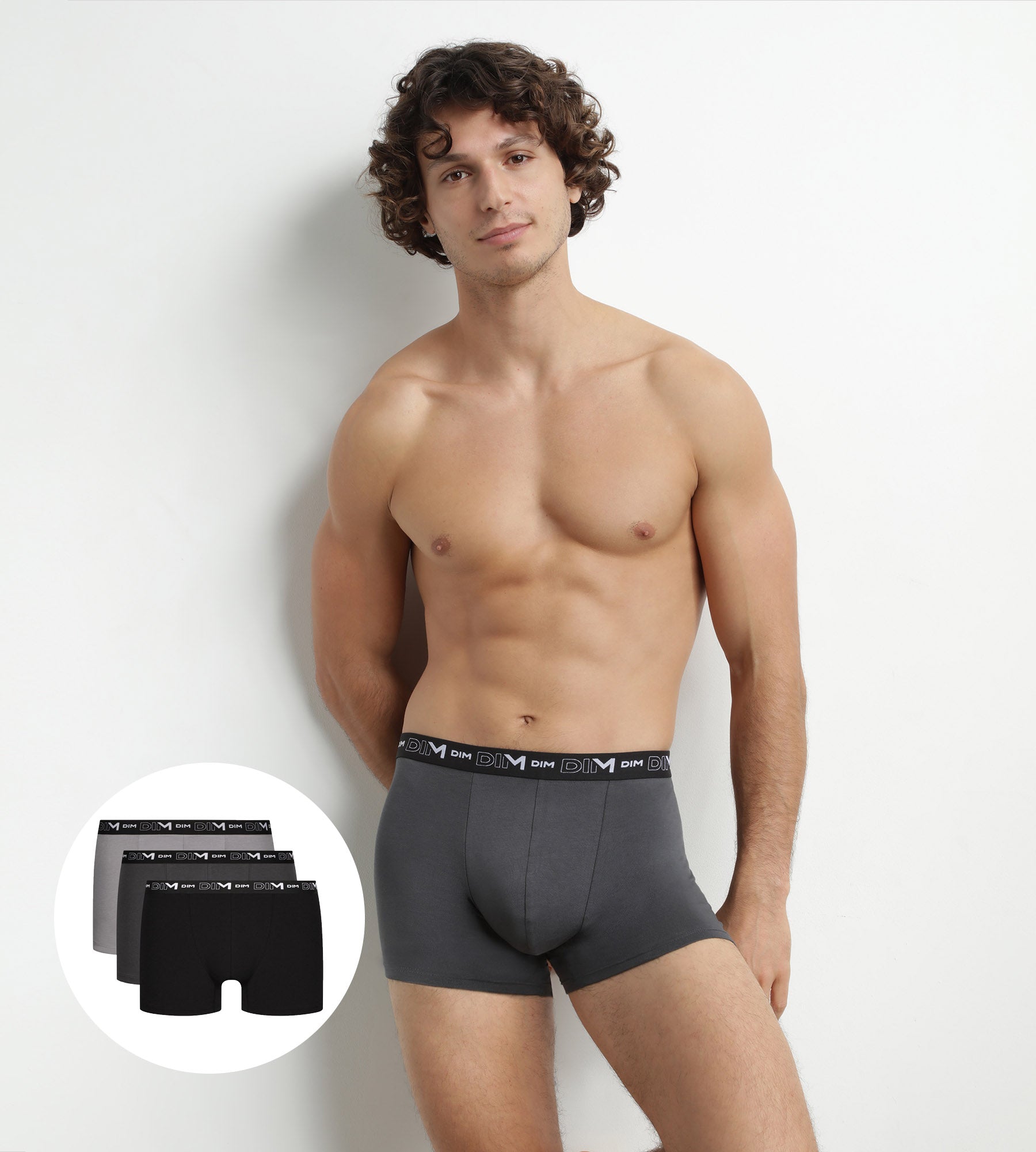 dim-coton-stretch-lot-de-3-boxers-homme-noir-gris-gris-granit image 1