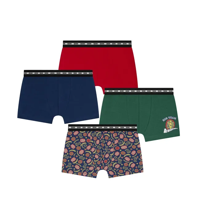 dim-coton-stretch-lot-de-4-boxers-enfant-baseball-rouge-vert-bleu image 1
