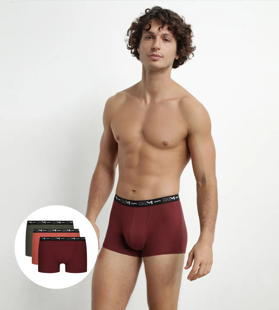 dim-coton-stretch-lot-de-3-boxers-homme-rouge-chili-rouge-terre-vert-tennis image 1