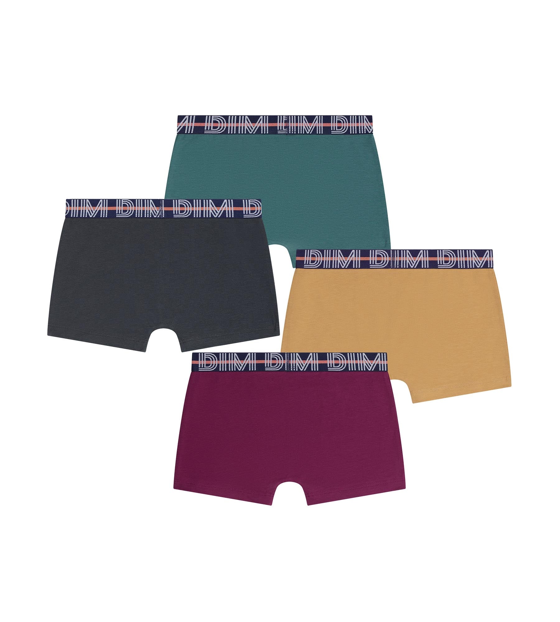 dim-lot-de-4-boxers-gar-on-coton-stretch-bordeaux-jaune-vert image 2