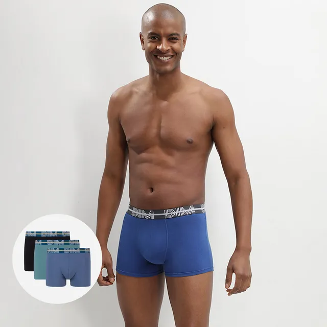 dim-lot-de-3-boxers-homme-powerful-bleu-noir-coton-stretch-ceinture-color-e image 1