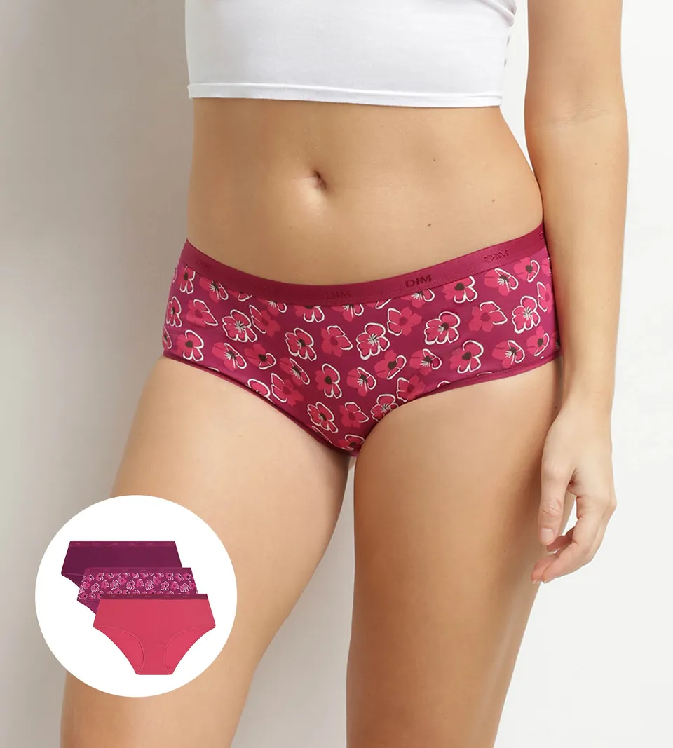dim-les-pockets-lot-de-3-boxers-femme-coton-fleurs-rubis image 1