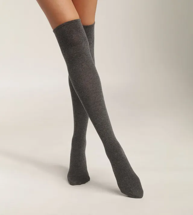 dim-coton-chaussettes-maxi-hautes-femme-anthracite-chin image 1