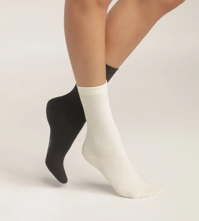 dim-coton-femme-lot-de-2-paires-mi-chaussettes-ivoire-anthracite image 1