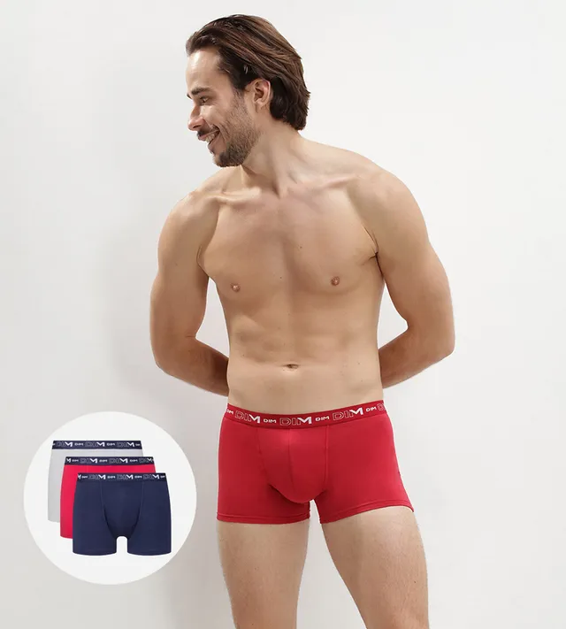dim-coton-stretch-lot-de-3-boxers-homme-bleu-denim-rouge-topaze-acier image 1