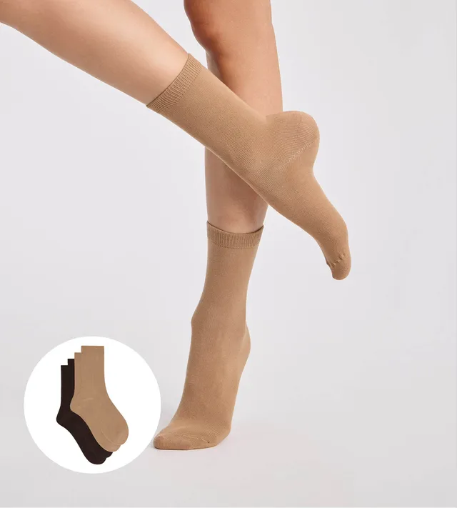 lot-de-2-chaussettes-femme-dim-thermo-coton-chocolat-taupe image 1
