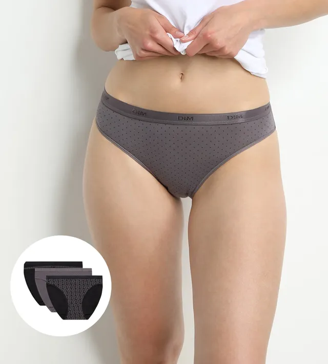 dim-les-pockets-lot-de-3-slips-femme-coton-noir-et-gris-imprim-s image 1