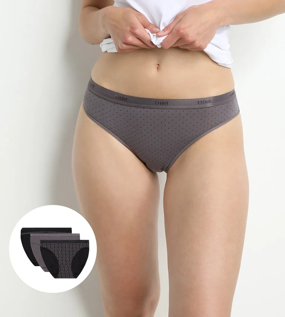 dim-les-pockets-lot-de-3-slips-femme-coton-noir-et-gris-imprim-s image 1