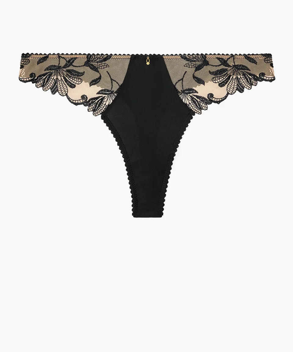 aubade-lovessence-tanga-noir-culotte-tanga-broderie-florale-et-maille-recycl-e image 1