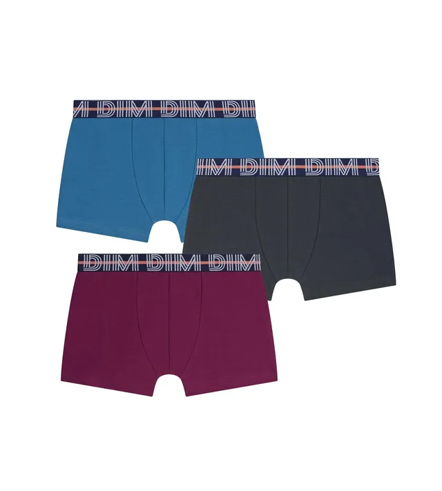dim-lot-de-3-boxers-gar-on-coton-stretch-kids-bordeaux-bleu-eb-ne image 1