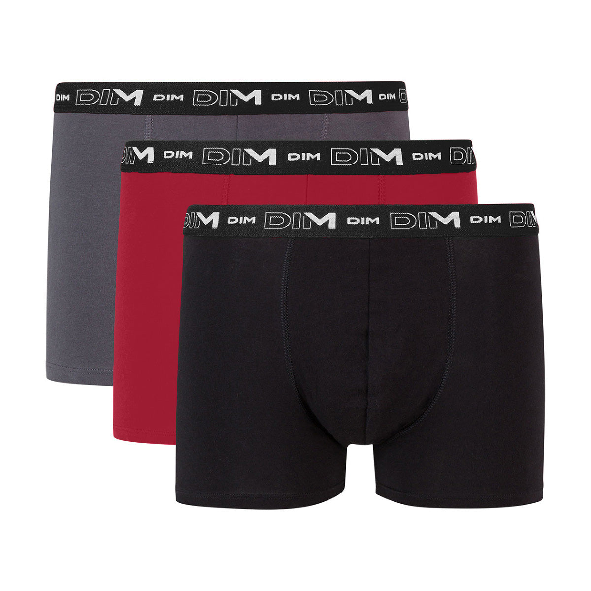 dim-coton-stretch-lot-de-3-boxers-homme-gris-plomb-rouge-chili-noir image 3