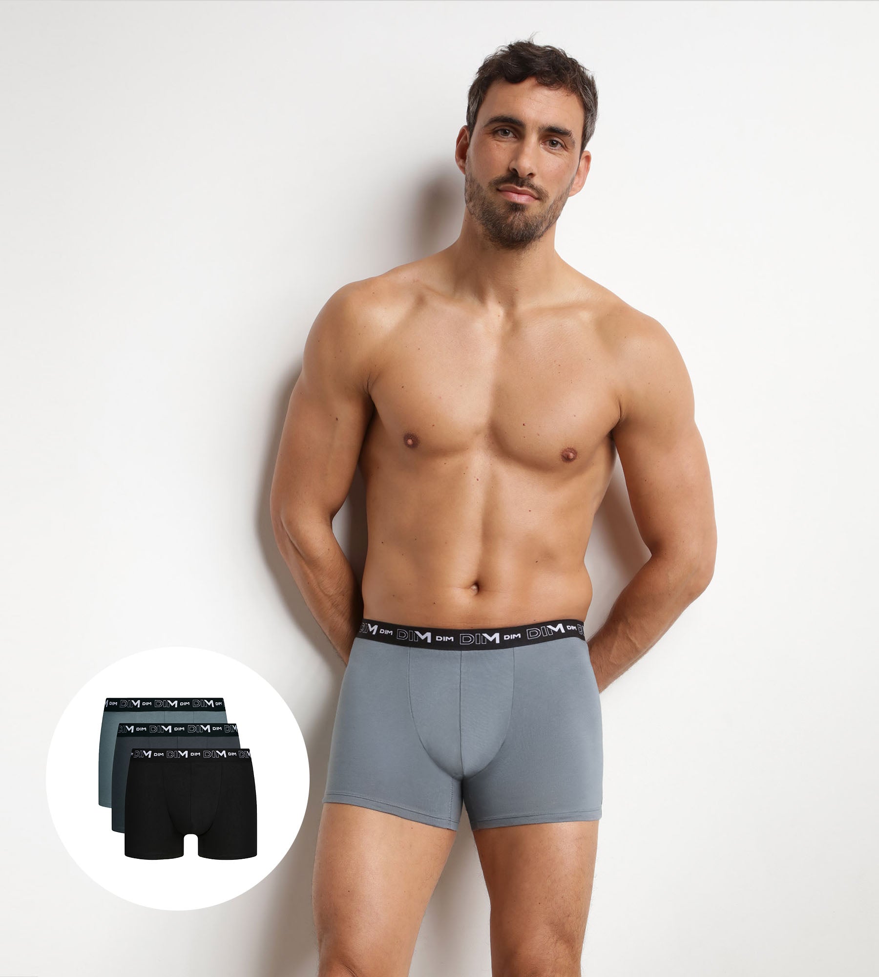 dim-lot-de-3-boxers-homme-coton-stretch-noir-gris-d6596 image 1