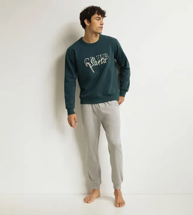dim-ensemble-pyjama-pantalon-homme-gris-vert-molleton image 1