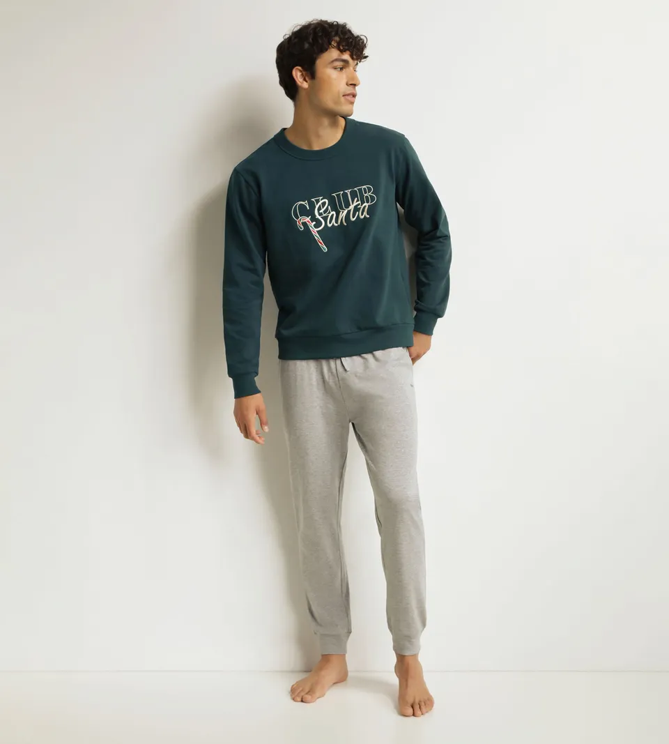 dim-ensemble-pyjama-pantalon-homme-gris-vert-molleton image 1