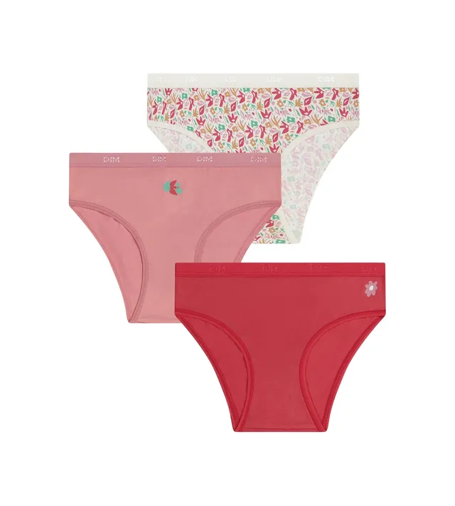 dim-les-pockets-lot-de-3-culottes-fille-coton-stretch-rouge-fleurs-hibiscus image 1