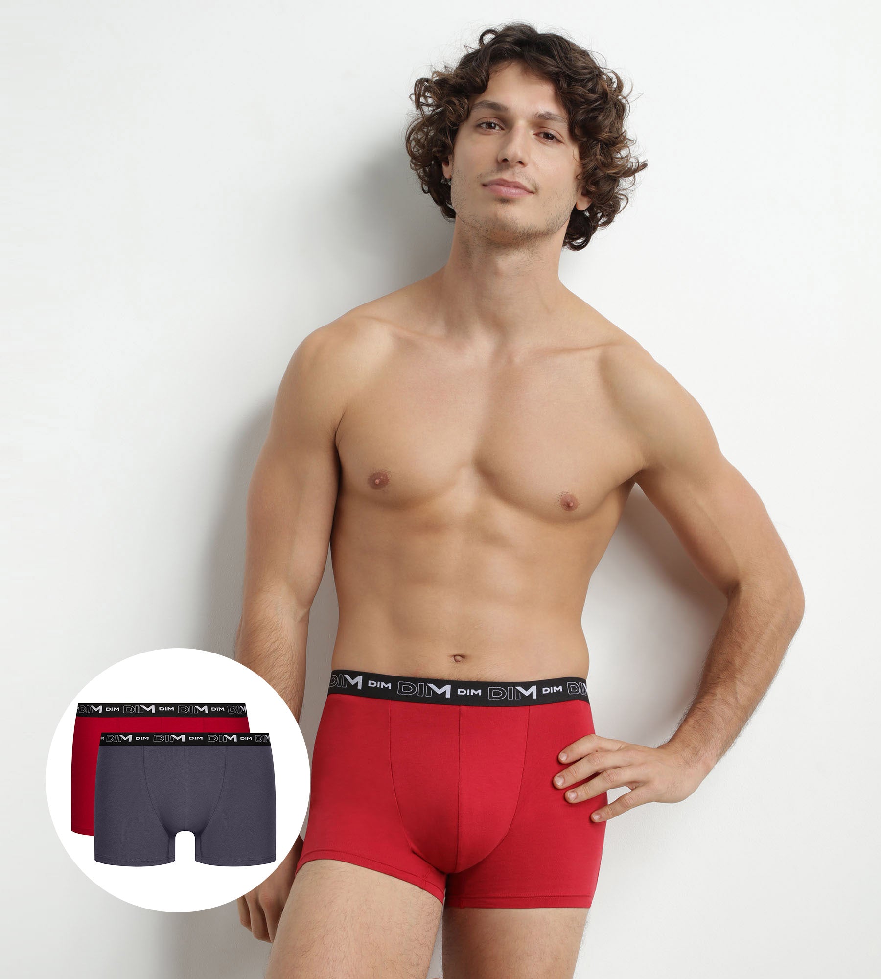 dim-lot-de-2-boxers-homme-coton-stretch-gris-rouge-d6596t2 image 1