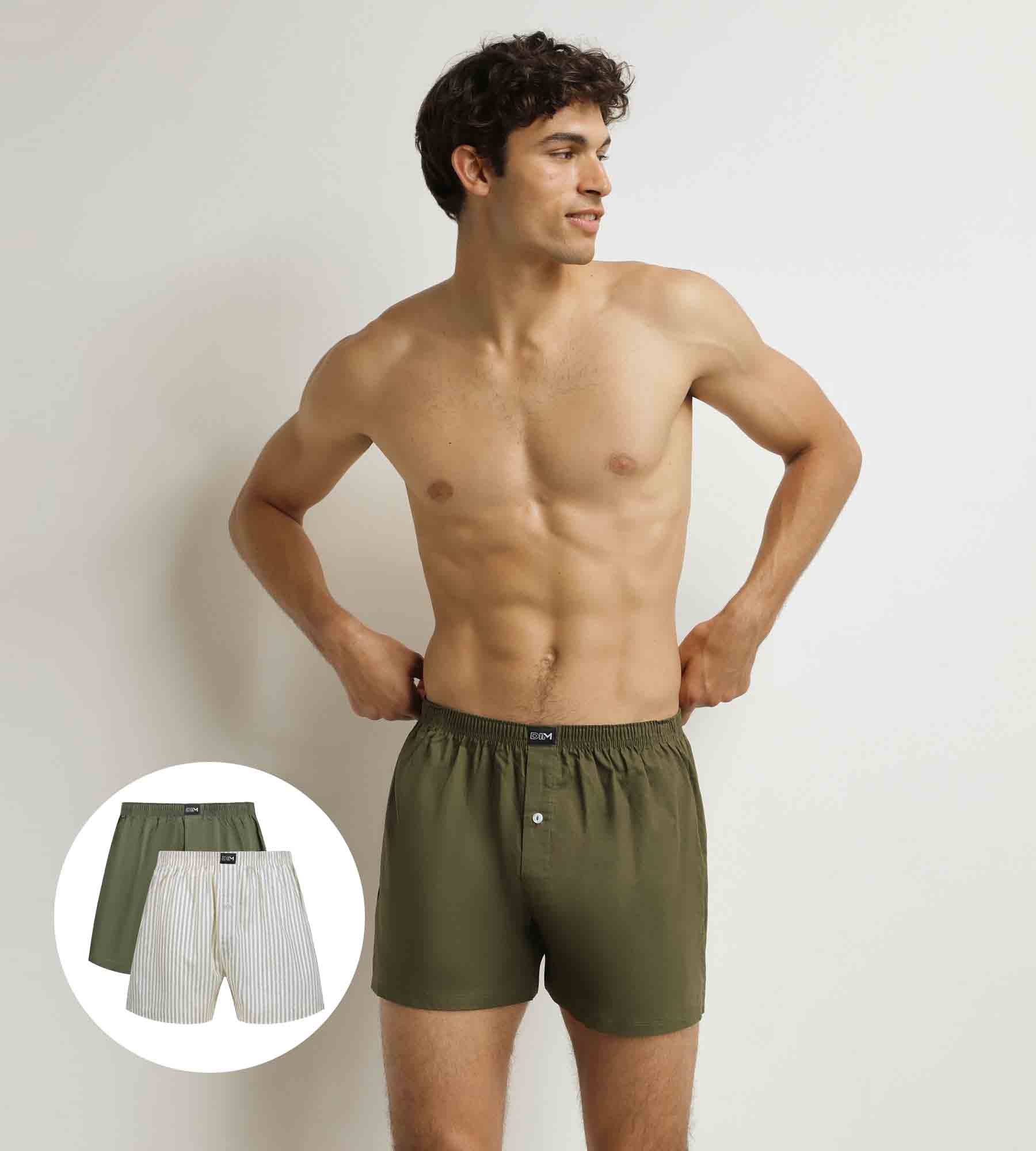dim-coton-stretch-lot-de-2-cale-ons-homme-beige-et-vert-tennis image 1