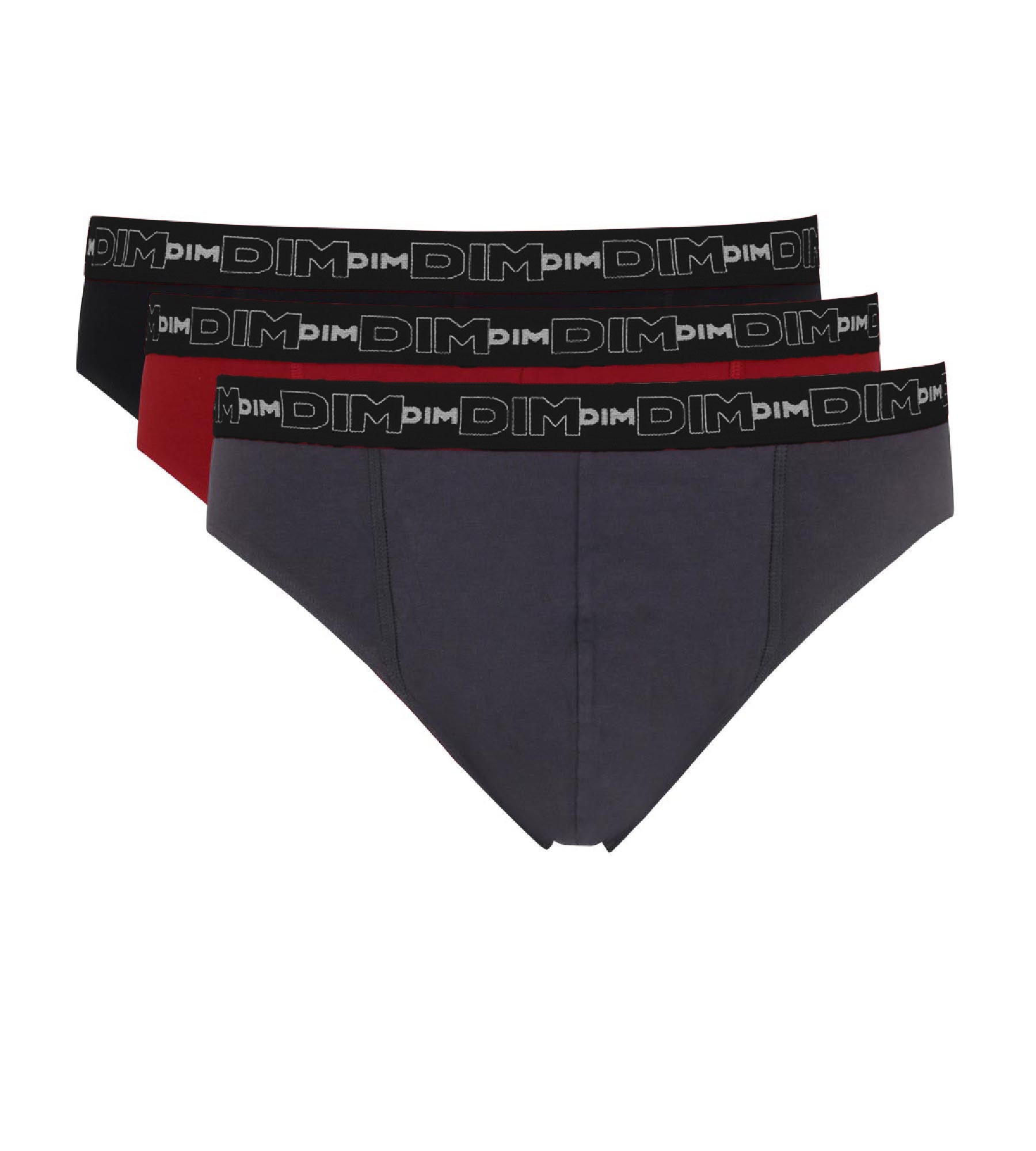 dim-coton-stretch-d6595t3-lot-de-3-slips-homme-gris-plomb-rouge-chili-noir image 2