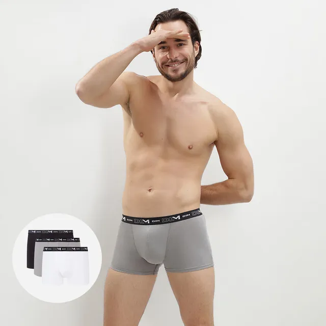 dim-lot-de-3-boxers-homme-coton-stretch-noir-gris-et-blanc image 1