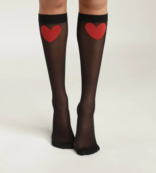 mi-bas-femme-dim-style-voile-noir-motif-coeur-rouge image 1