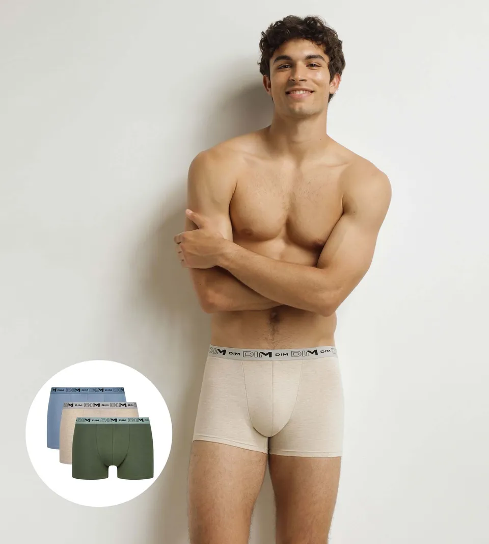 dim-coton-stretch-bio-lot-de-3-boxers-homme-beige-bleu-kaki image 1