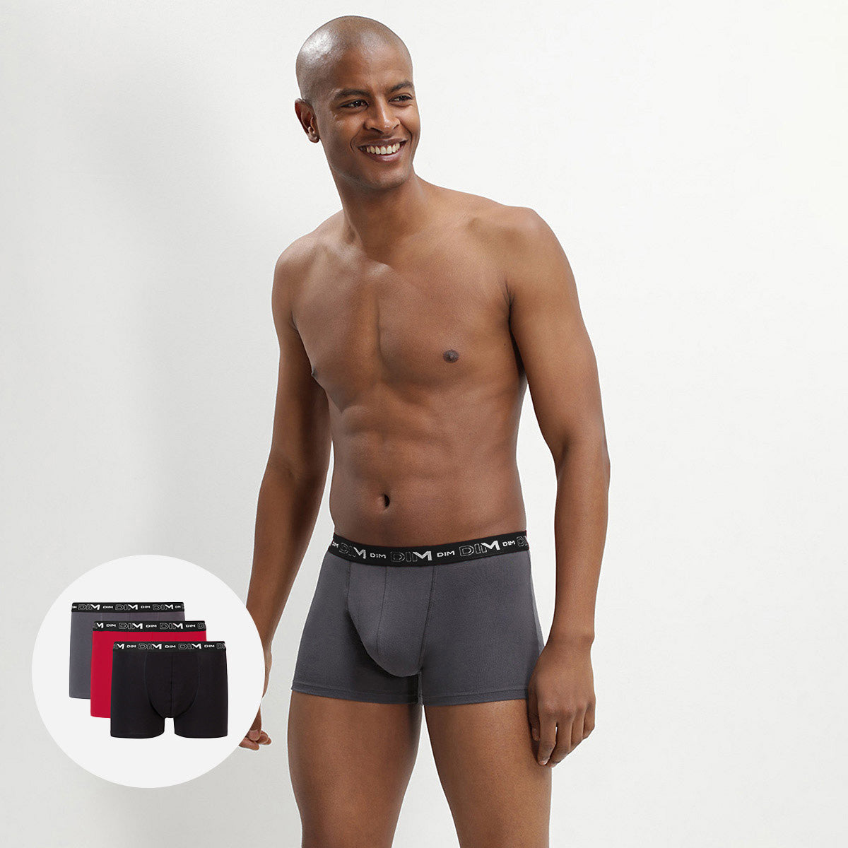 dim-coton-stretch-lot-de-3-boxers-homme-gris-plomb-rouge-chili-noir image 1