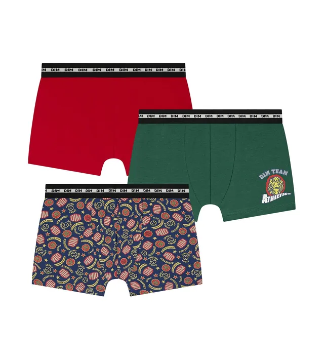 dim-lot-de-3-boxers-enfant-coton-stretch-rouge-vert-logos image 1
