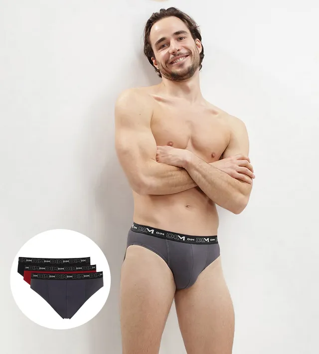 dim-coton-stretch-d6595t3-lot-de-3-slips-homme-gris-plomb-rouge-chili-noir image 1