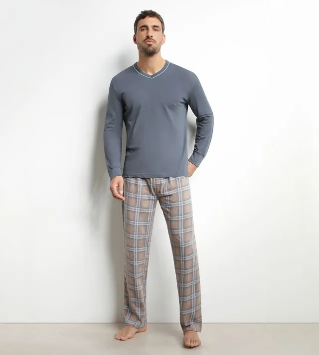 dim-nightwear-pyjama-homme-pantalon-jersey-gris-carreaux image 1