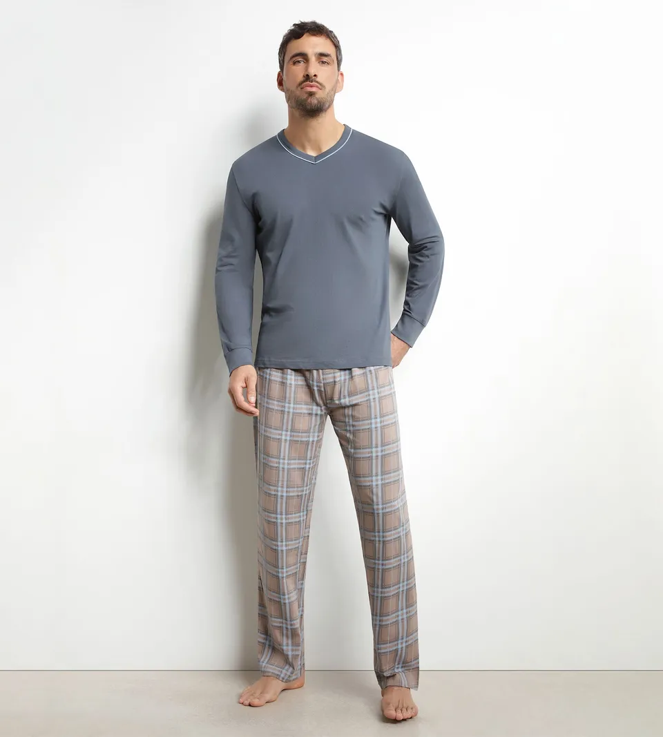 dim-nightwear-pyjama-homme-pantalon-jersey-gris-carreaux image 1