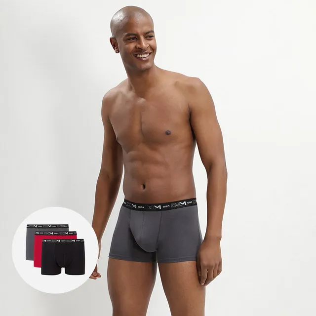 dim-coton-stretch-lot-de-3-boxers-homme-gris-plomb-rouge-chili-noir image 1